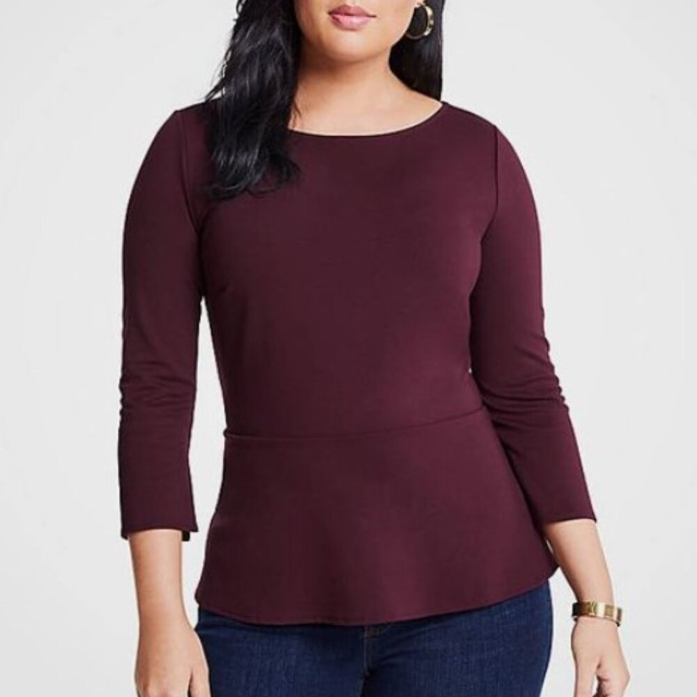 ANN TAYLOR Ponte 3/4 Sleeve Peplum Blouse Top - Plum Dark Maroon | Womens Medium